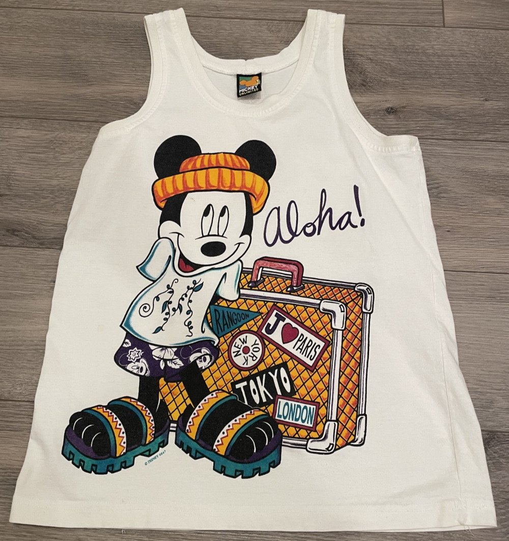 Disney Mickey Unlimited Aloha Travel Tank Top White Women medium Vintage